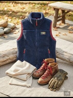 L.L.Bean Navy Sherpa Vest with Burgundy Accents